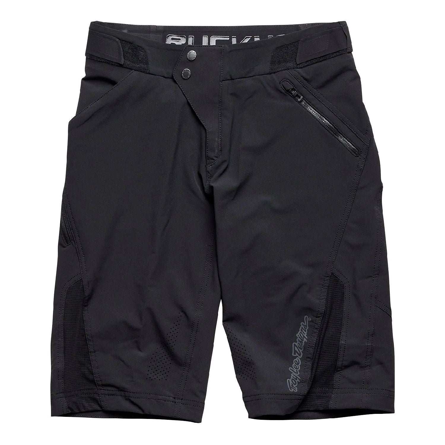 Black riding shorts with liner, zip side pocket and mesh panel detailing