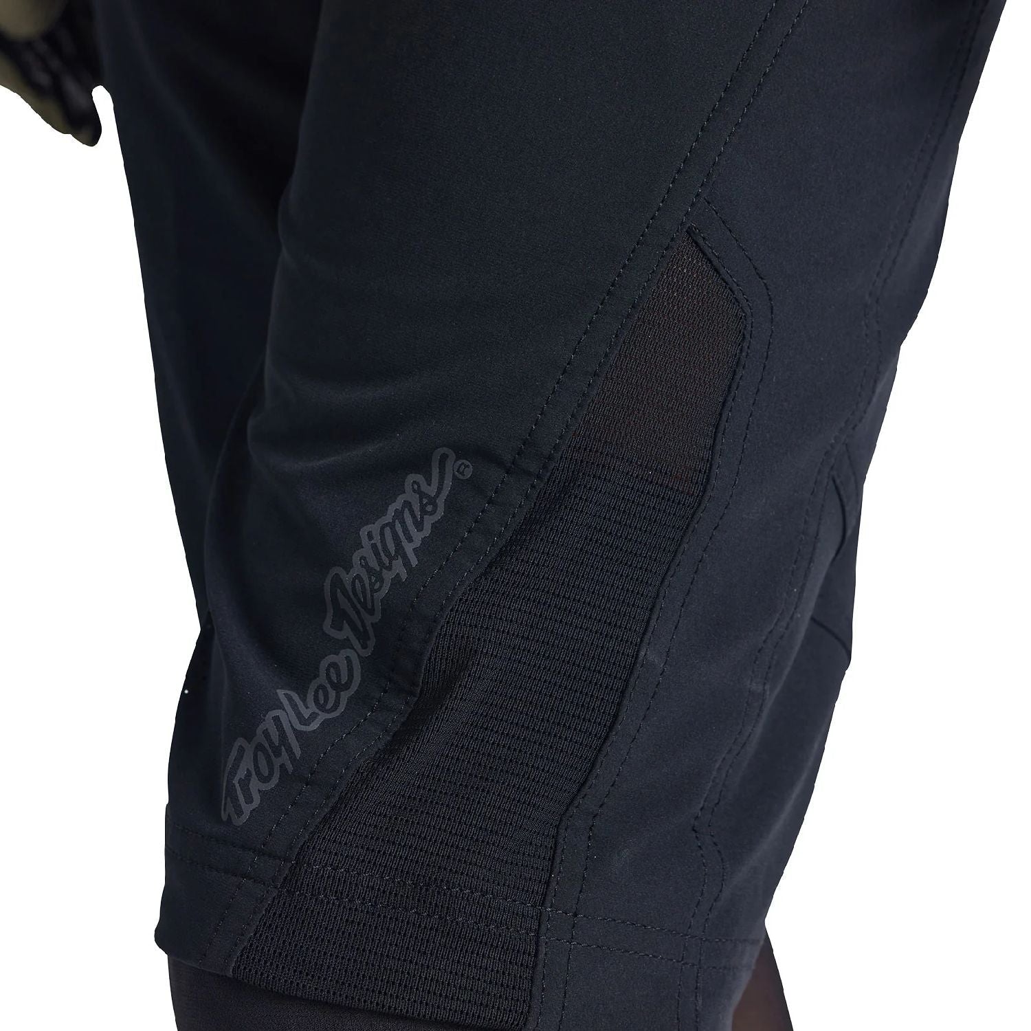 Black riding shorts with liner, close-up textured panel and logo stitching