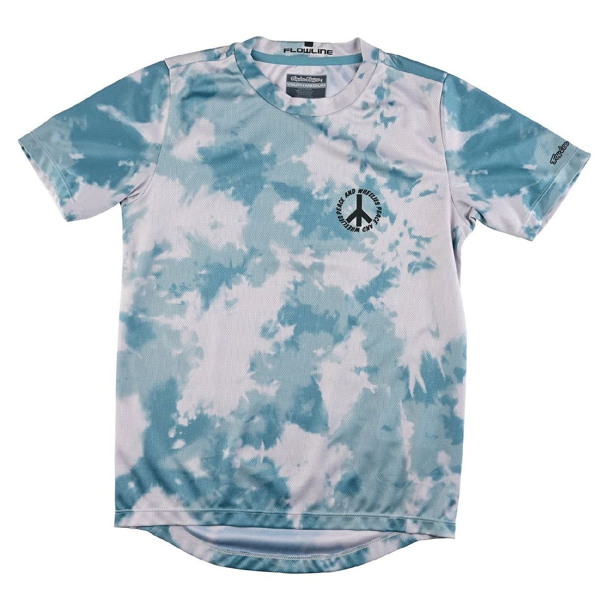 Youth short-sleeve MTB jersey, light blue/white tie-dye with chest logo