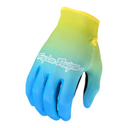 Bike glove with yellow-to-blue gradient knit back, padded palm, Troy Lee Designs logo