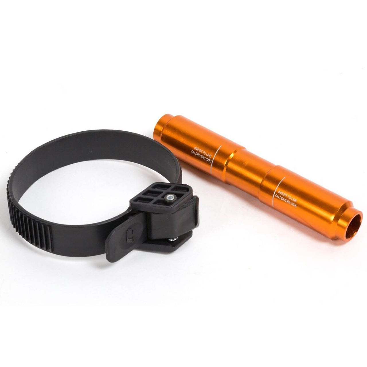 Orange 15x142mm fork adapter tube with black clamp bracket