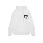 White hoodie with small chest logo, hood drawstrings, and front pocket