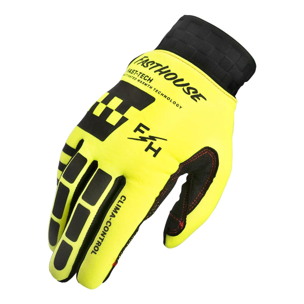Fasthouse Toaster glove in high-visibility yellow with black padded knuckles and palm.