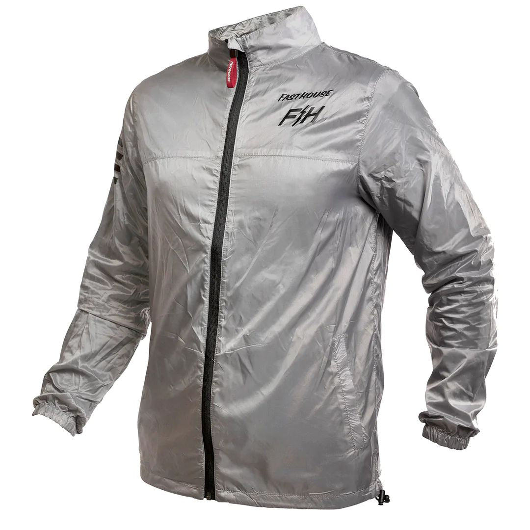 Fasthouse light gray packable windbreaker jacket, full zip and stand collar