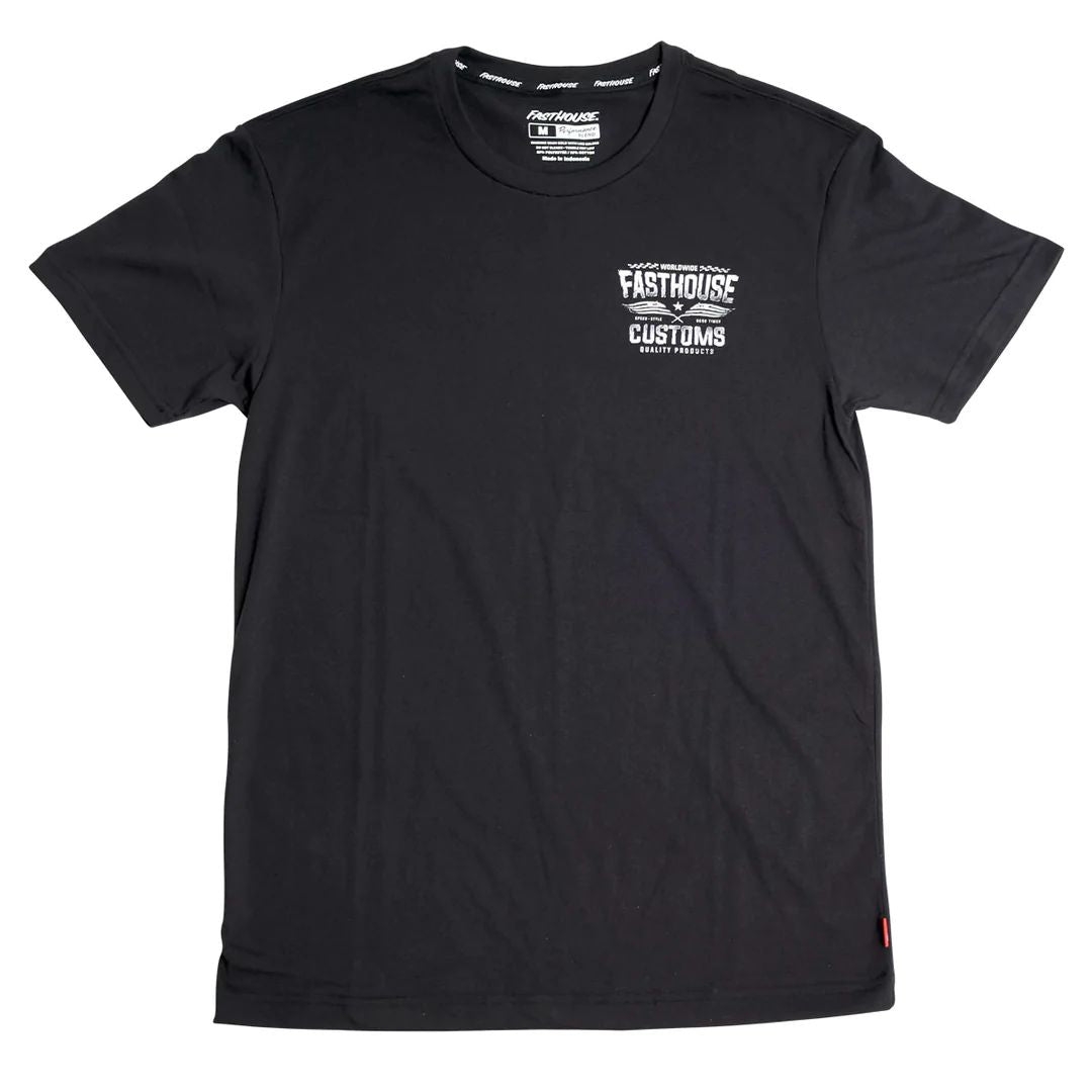 Black crew-neck performance tee with small chest logo and branding