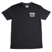 Black crew-neck performance tee with small chest logo and branding