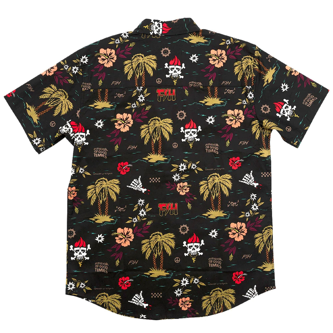 Fasthouse Tribe short-sleeve button-up shirt, black tropical skull and floral pattern