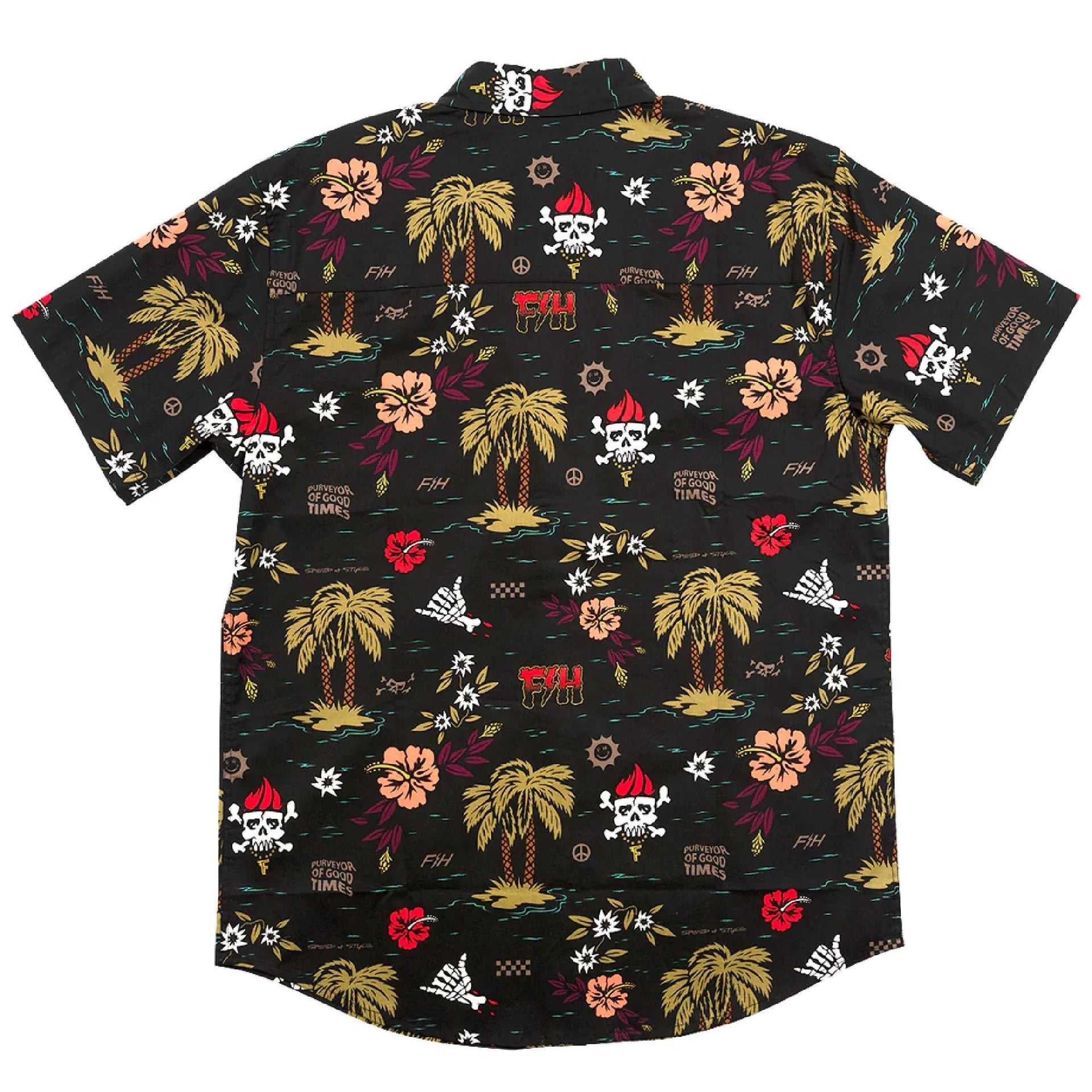Fasthouse Tribe short-sleeve button-up shirt, black tropical skull and floral pattern