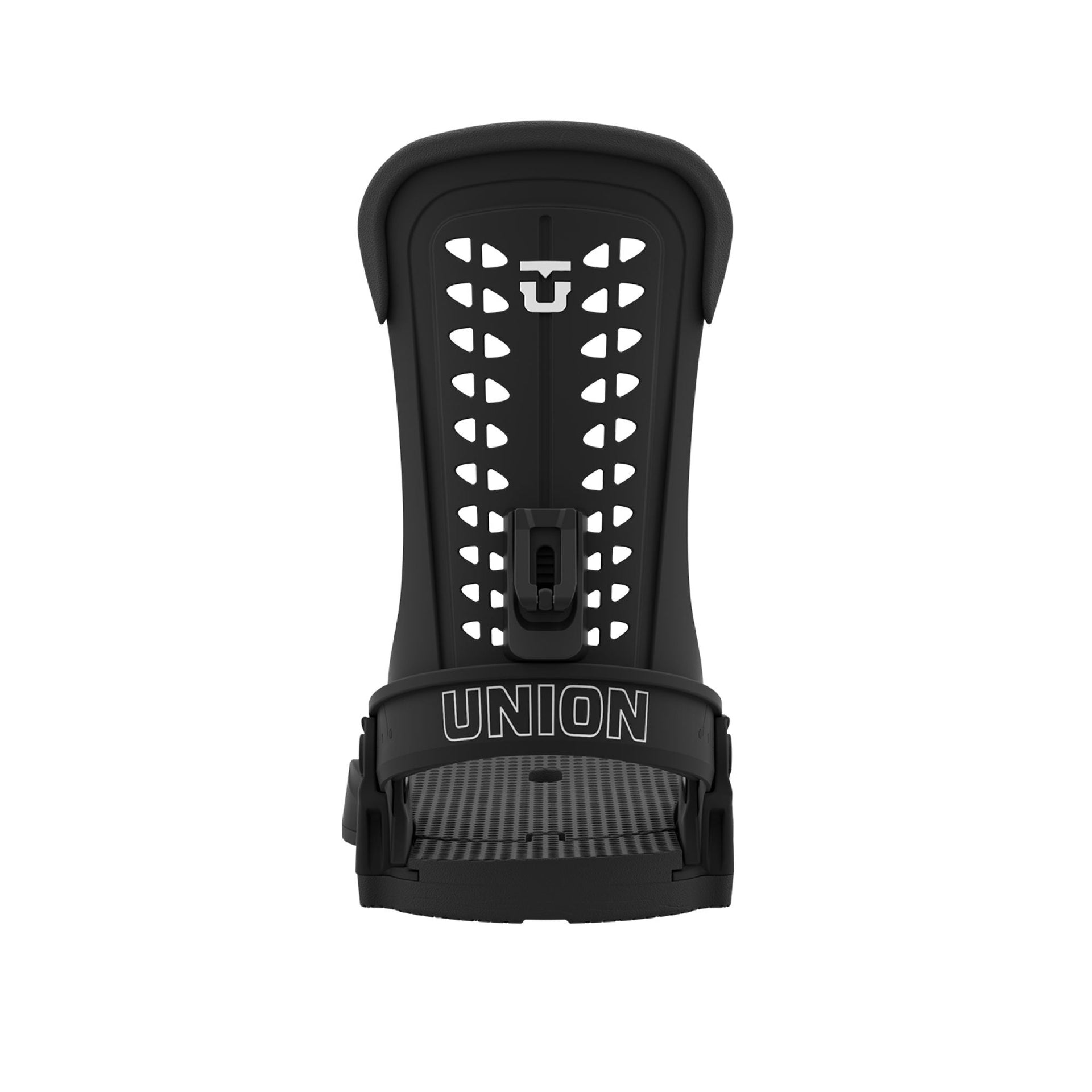 Black snowboard binding with front bracket and UNION logo on the strap