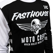 Youth motocross jersey close-up, black with white logo and winged skull graphic
