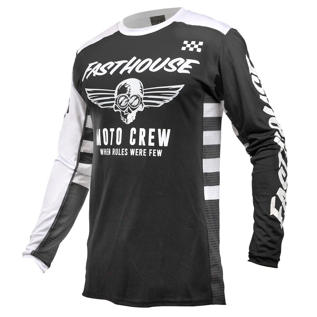 Motorcycle jersey with black body and white sleeves, winged skull logo and striped side panels.