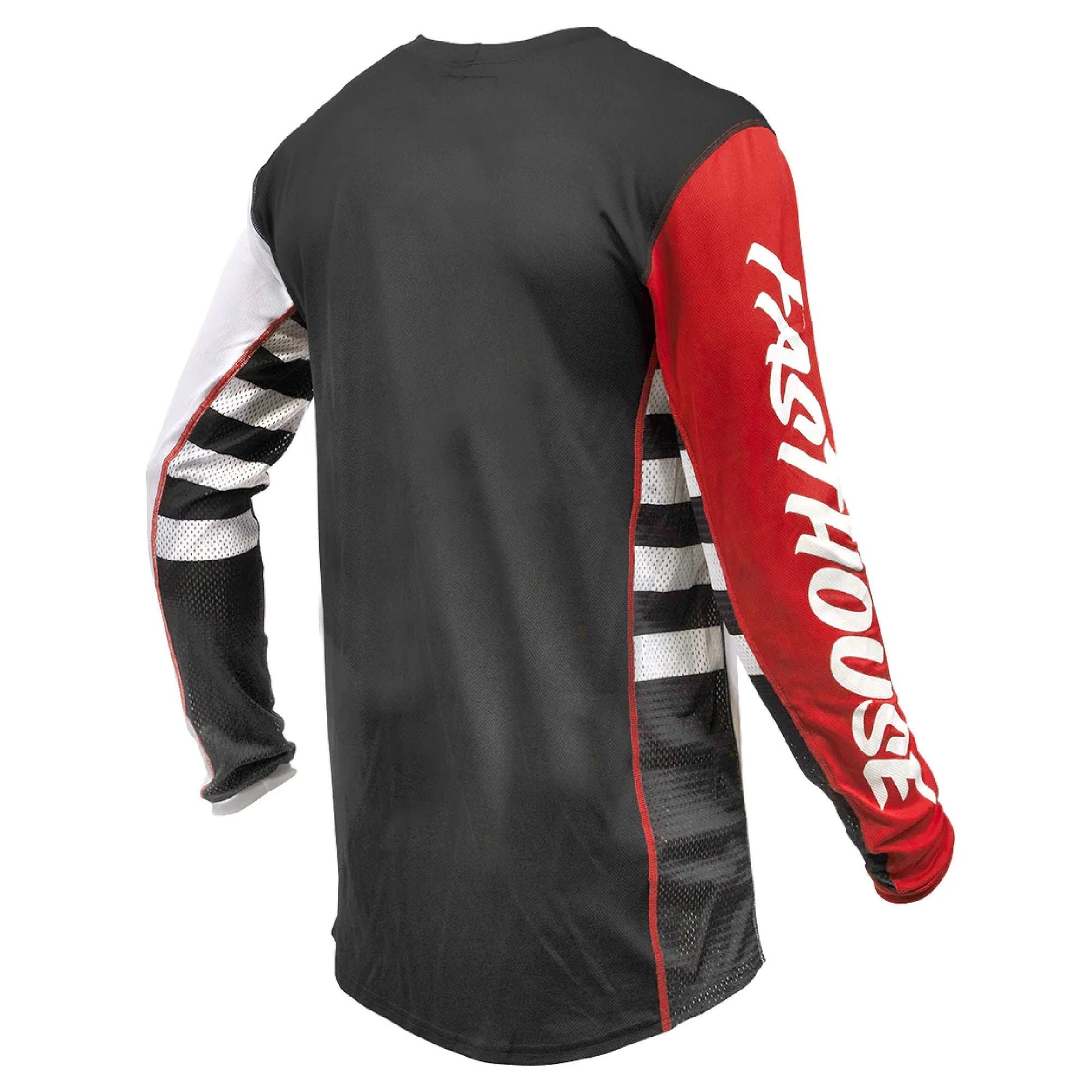 Motorcycle jersey back view, black with red sleeve panel and white logo lettering on arm.