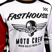 Youth motocross jersey, white with red accents, long sleeves, moto crew front graphic