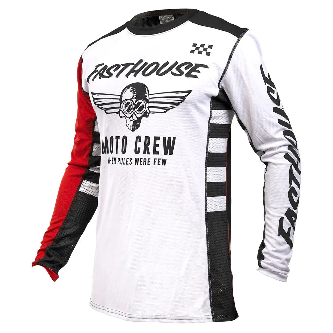 Motorcycle jersey in white with black and red panels, long sleeves, winged skull chest graphic.
