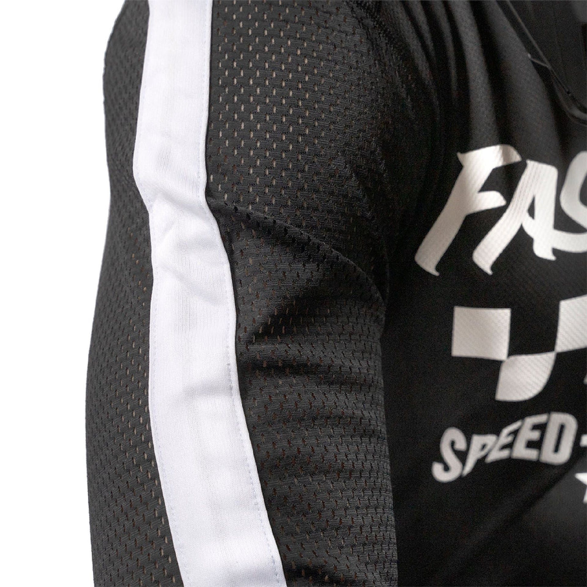 Black youth air-cooled jersey with white side stripe and sleeve graphic