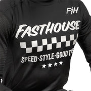 Black youth air-cooled jersey with checkered band graphic and “GOOD TIMES” text