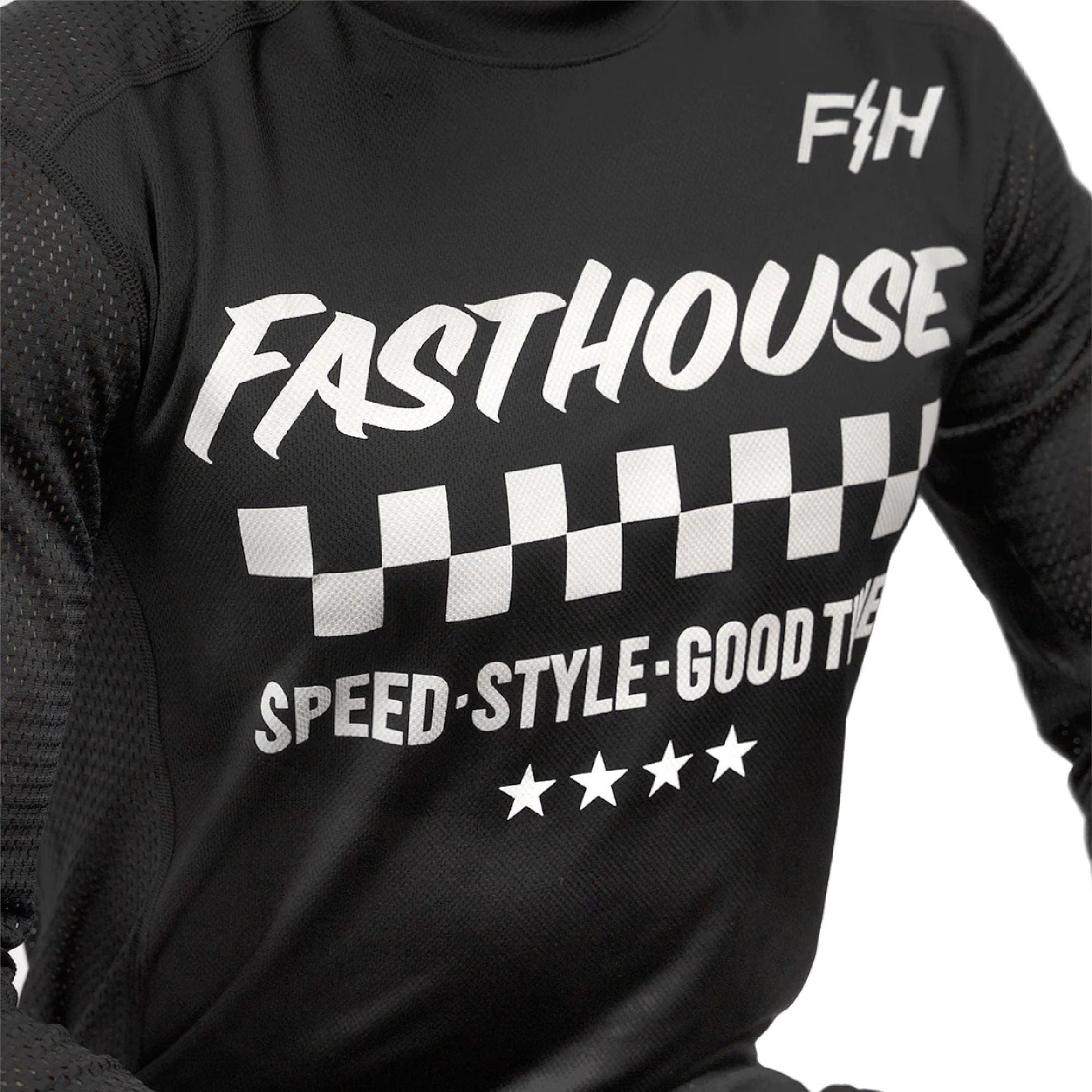 Black youth air-cooled jersey with checkered band graphic and “GOOD TIMES” text