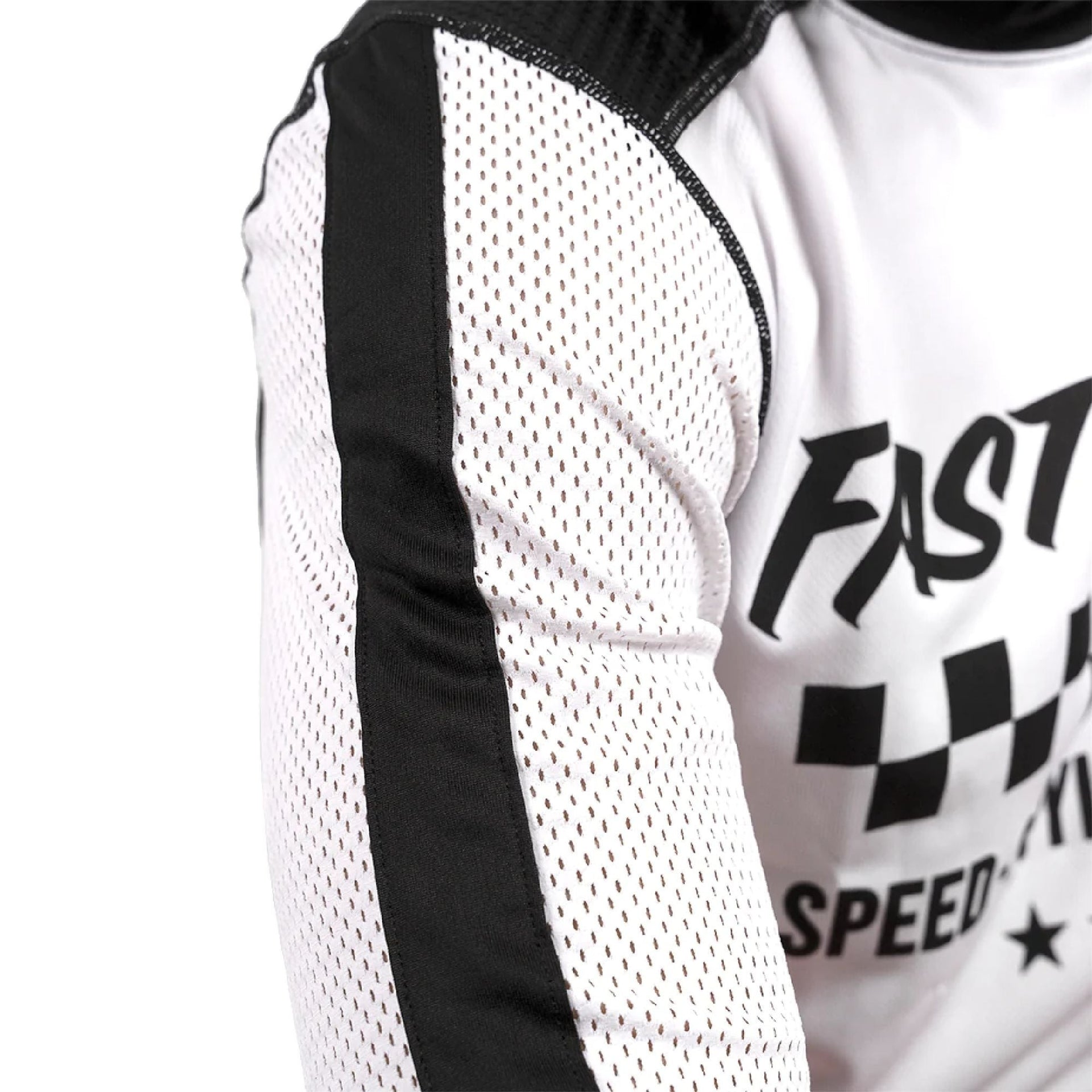White youth air-cooled jersey with black sleeve panels and textured mesh knit