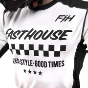 White youth air-cooled jersey with F&H logo, checkered band, and “GOOD TIMES”