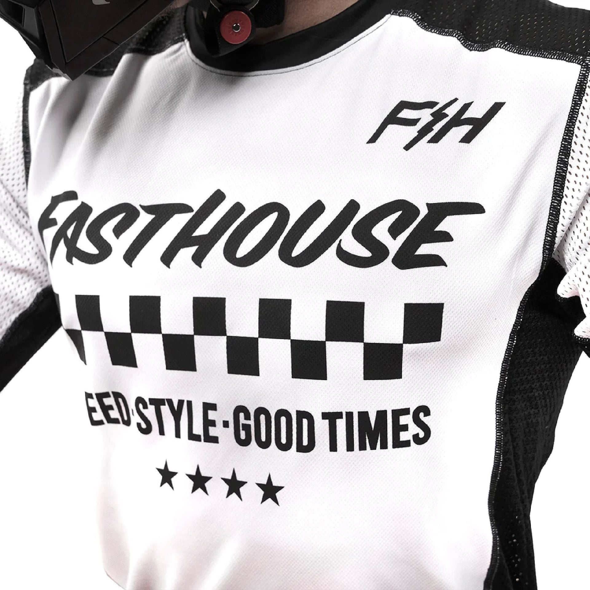 White youth air-cooled jersey with F&H logo, checkered band, and “GOOD TIMES”