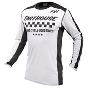 White air-cooled motocross jersey with black side panels and Fasthouse/FH logo graphics