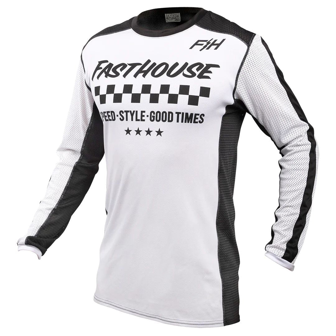 White air-cooled motocross jersey with black side panels and Fasthouse/FH logo graphics