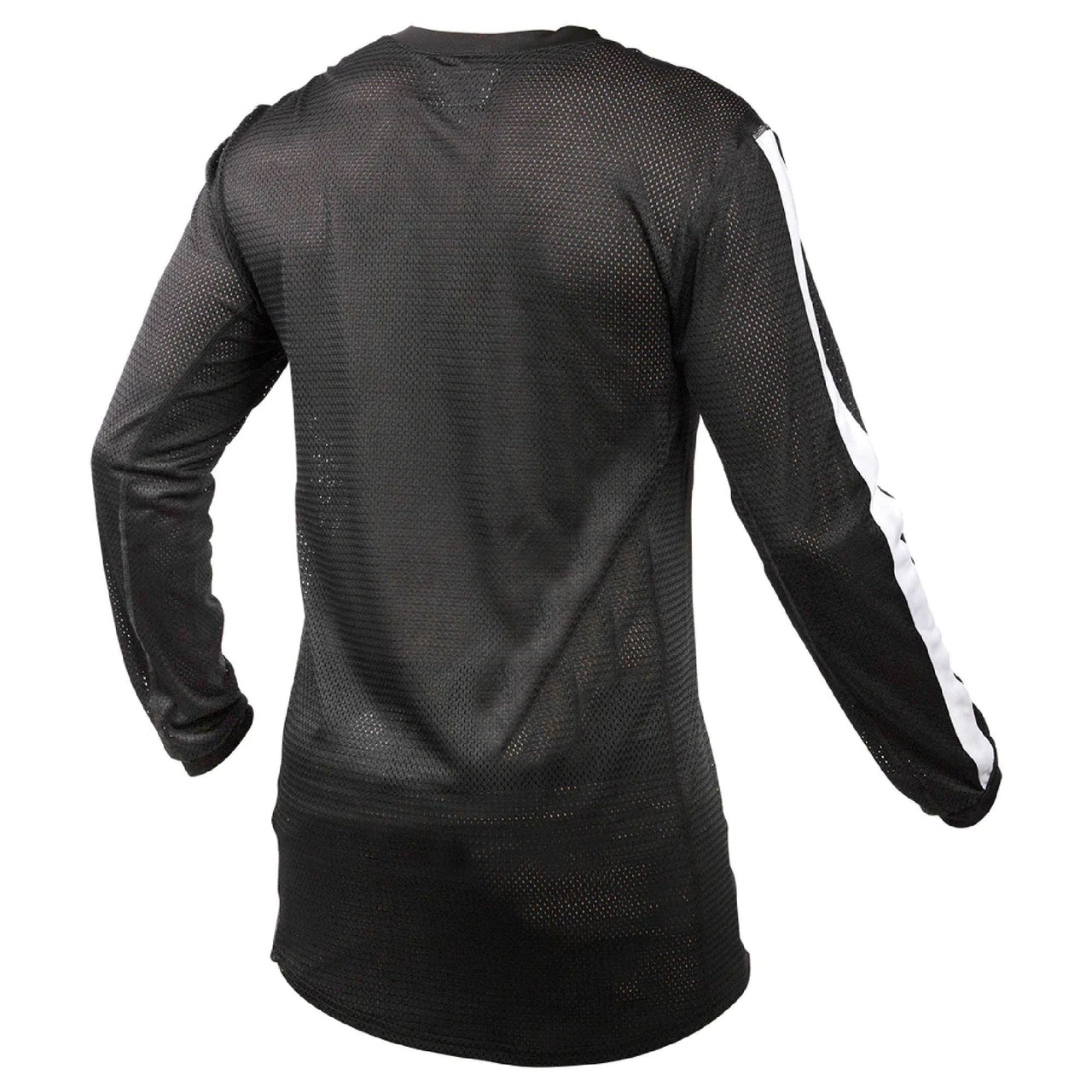 Black air-cooled motocross jersey, back view, black mesh with white side stripe