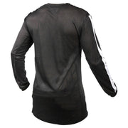 Black air-cooled motocross jersey, back view, black mesh with white side stripe