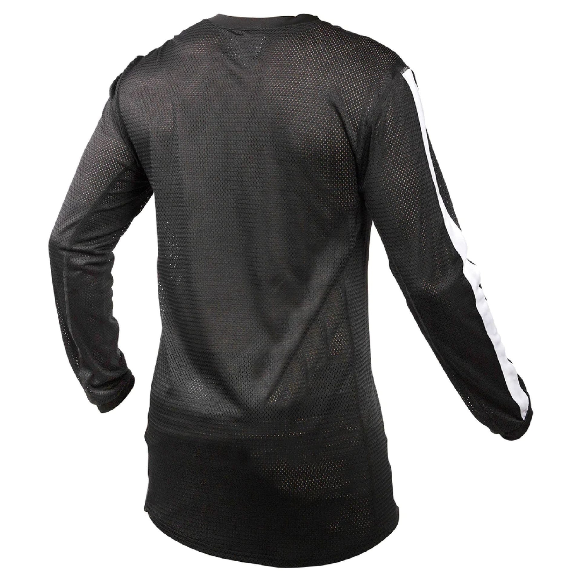 Black air-cooled motocross jersey, back view, black mesh with white side stripe