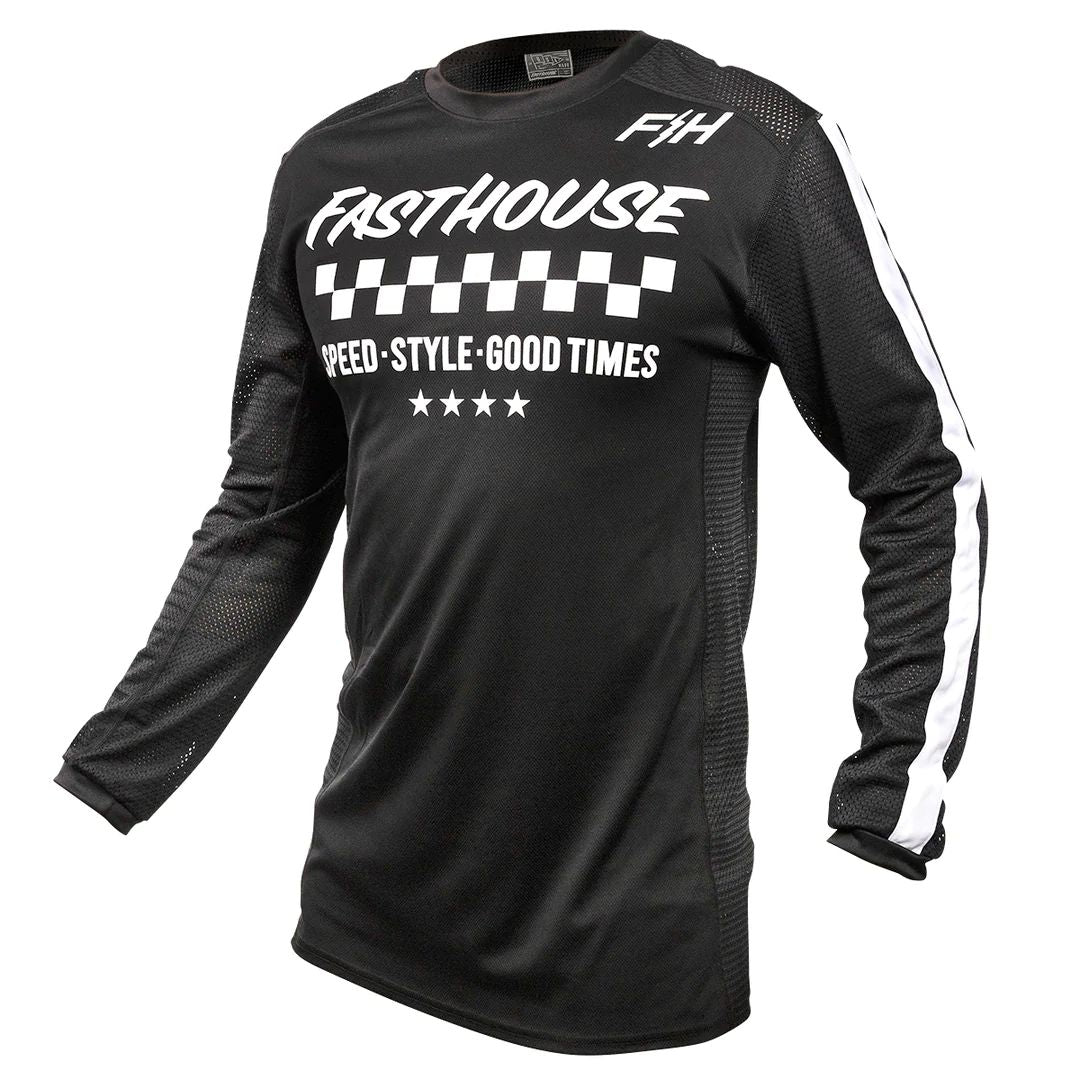 Black air-cooled motocross jersey with white checkered graphic and long sleeves
