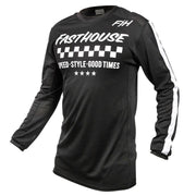 Black air-cooled motocross jersey with white checkered graphic and long sleeves