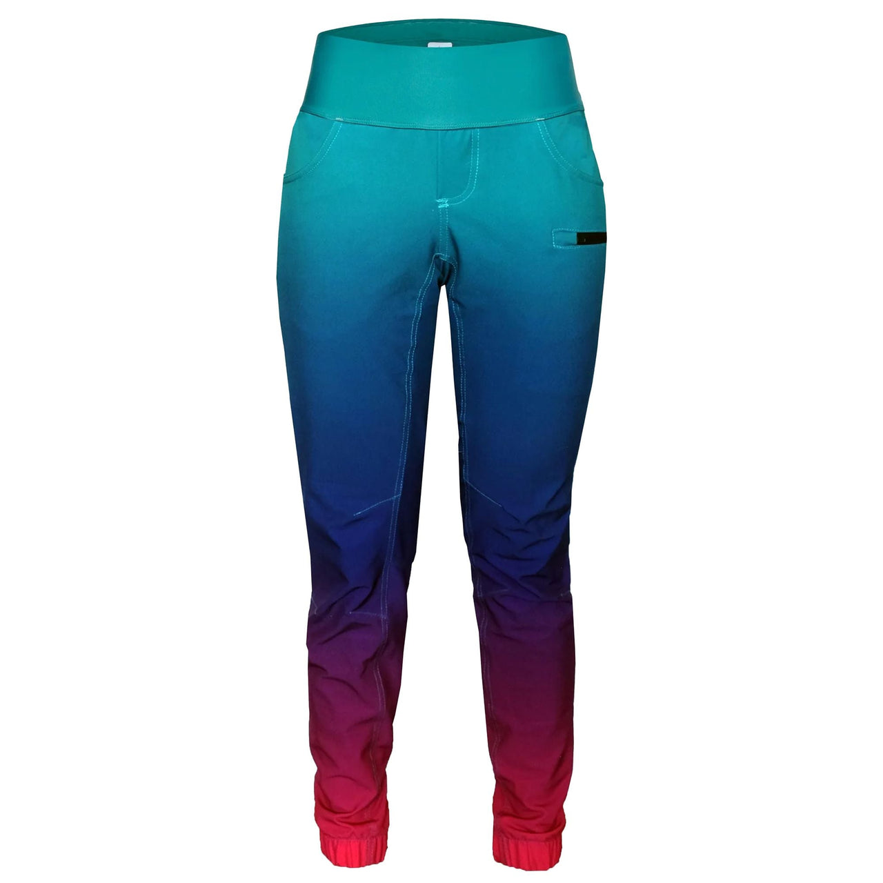 High-rise ombre stretch waistband pants, teal to purple, tapered jogger cuffs