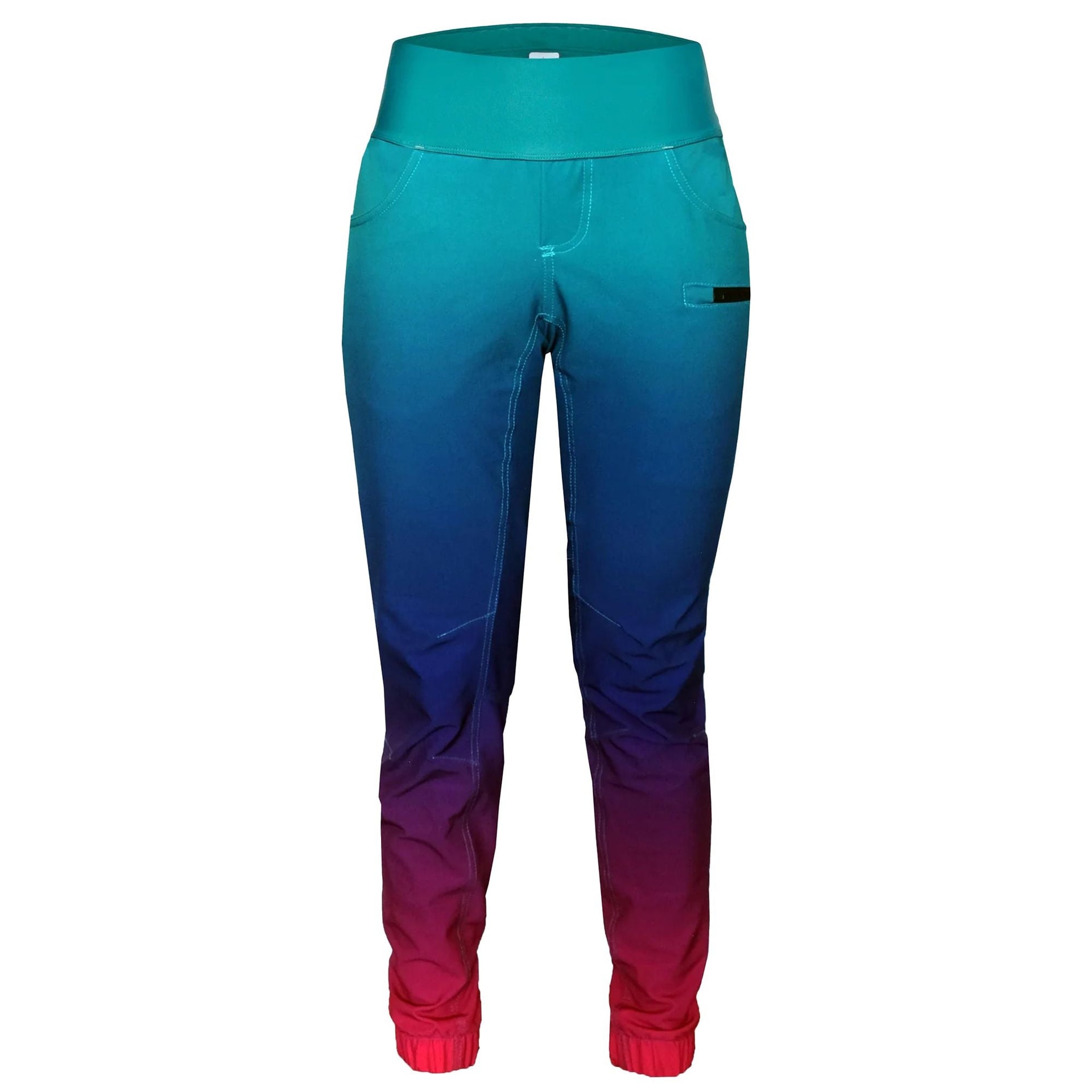 High-rise ombre stretch waistband pants, teal to purple, tapered jogger cuffs