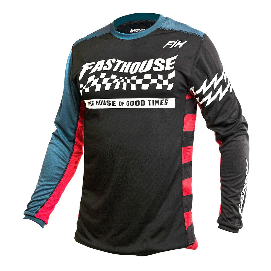 Black long-sleeve motocross jersey with blue sleeves, checkered chest graphic, red accents