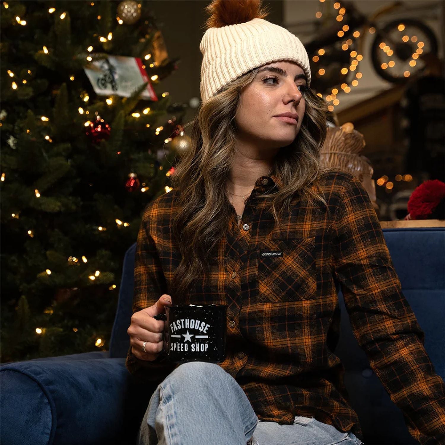 Women’s flannel shirt in brown-and-gold plaid with button front and chest pocket