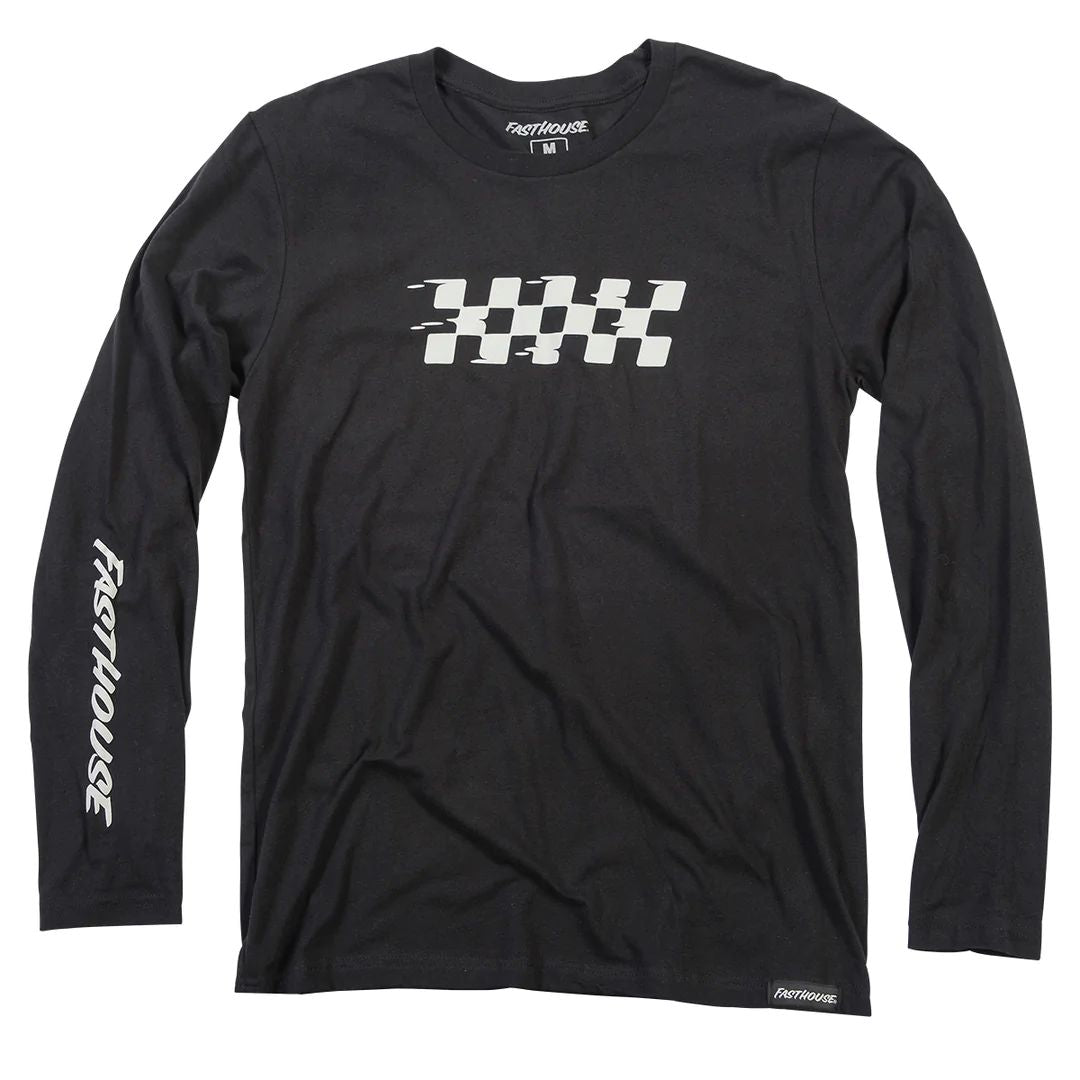Black long-sleeve crewneck T-shirt with front graphic and sleeve logo