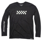 Black long-sleeve crewneck T-shirt with front graphic and sleeve logo