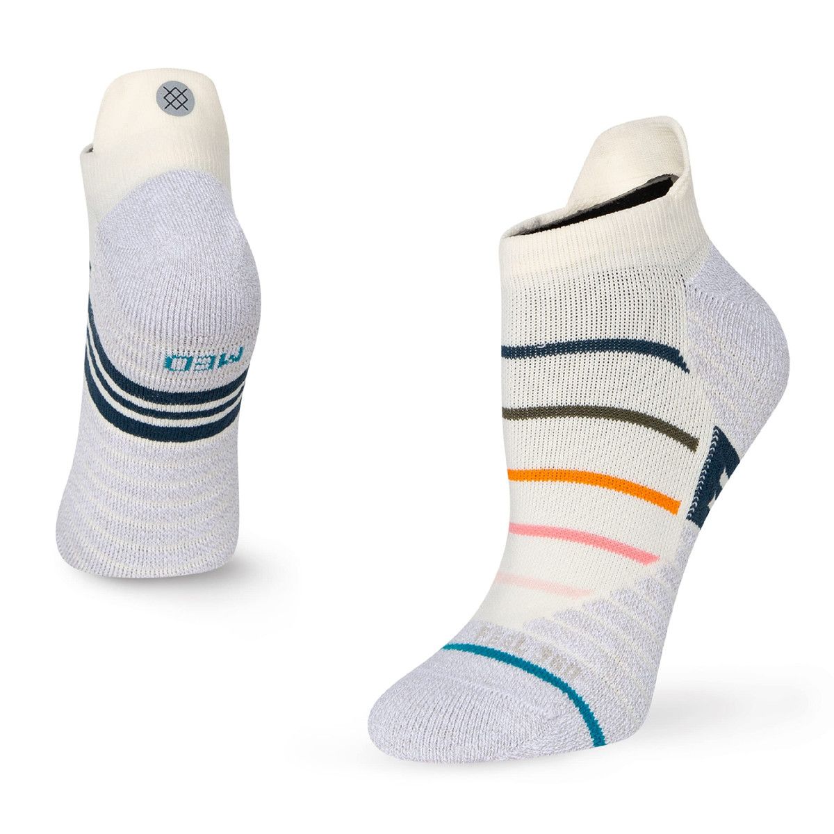 Women's crew socks, off-white with light blue and orange striped bands
