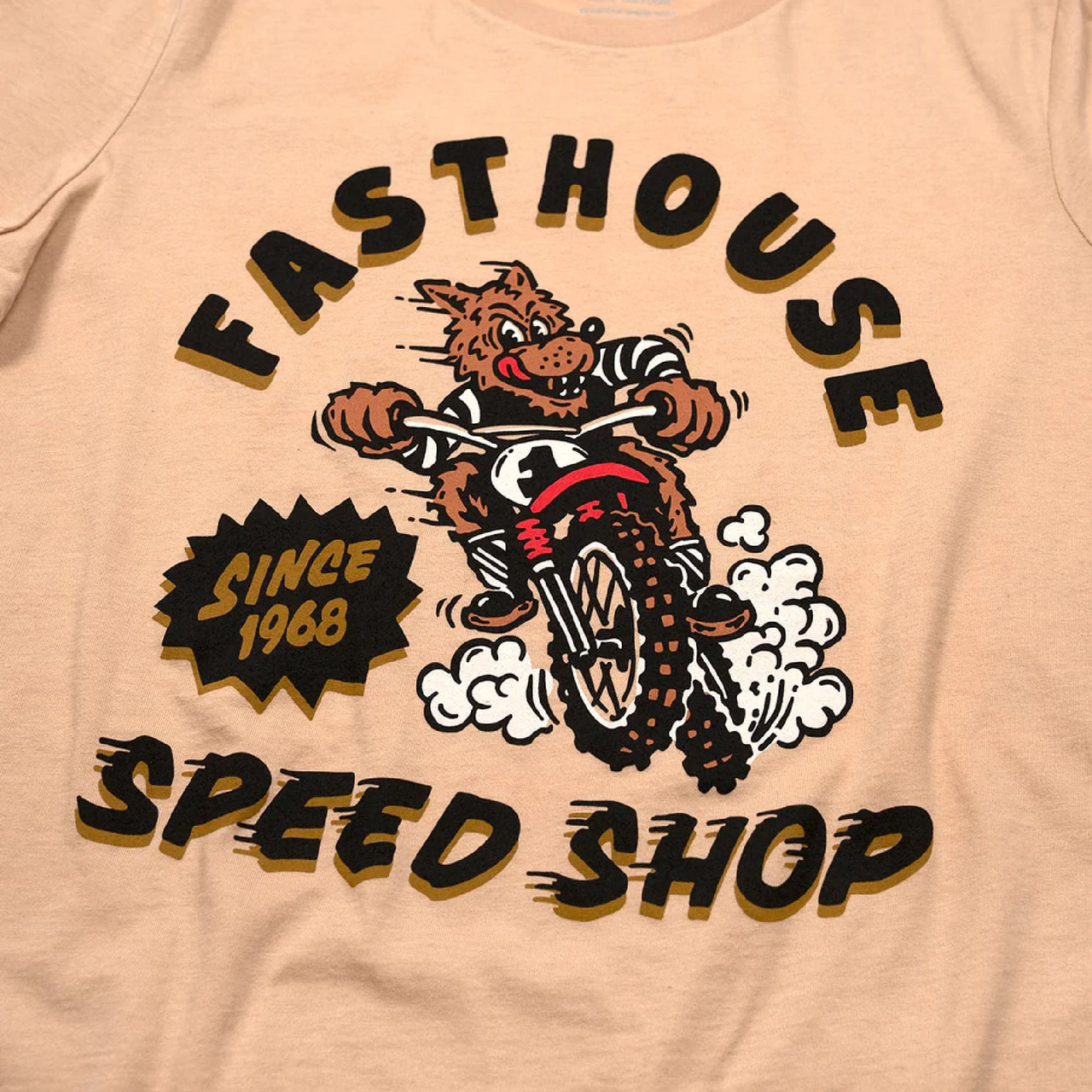 Women’s sand-colored T-shirt with close-up of racing mascot Speed Shop logo