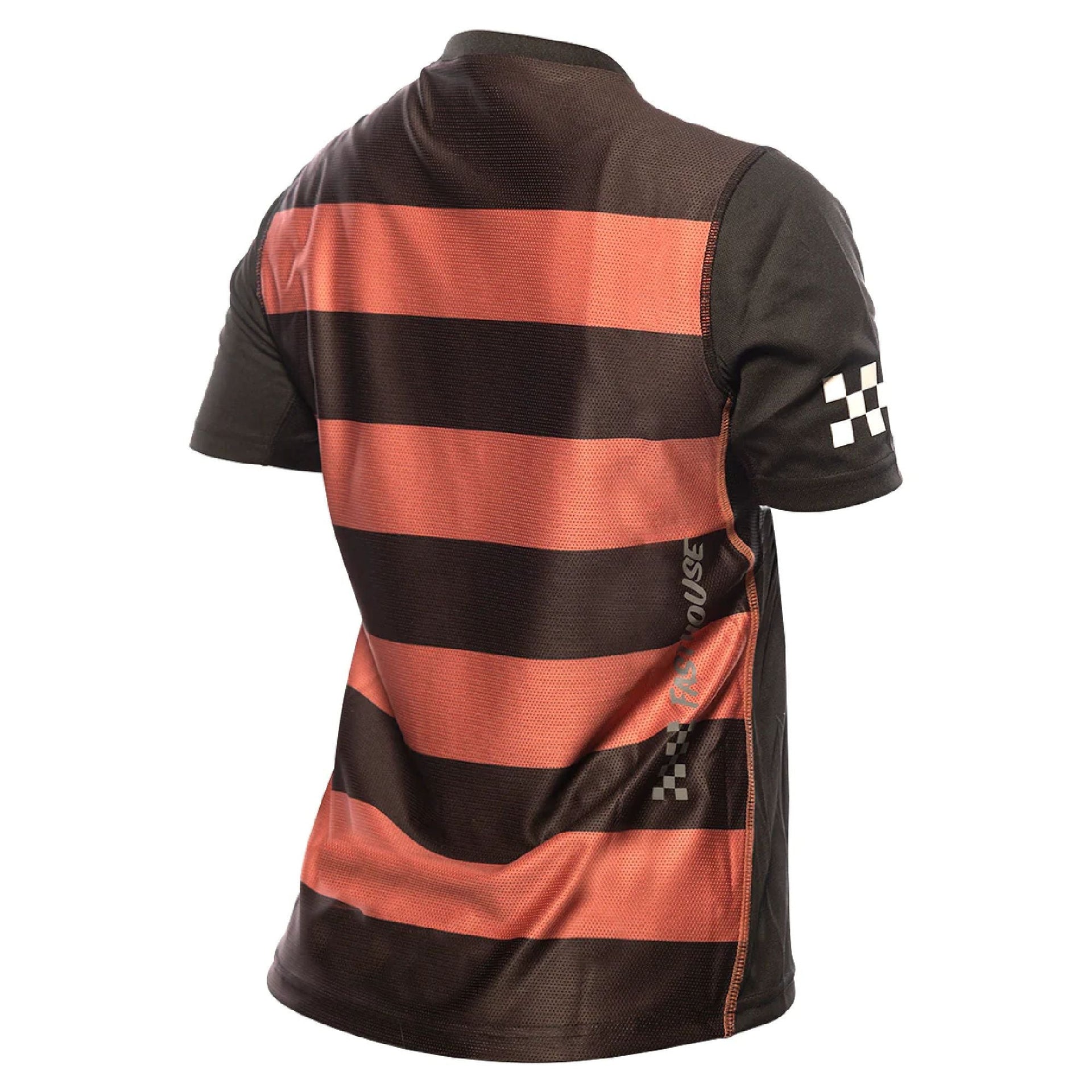 Orange and black striped short-sleeve cycling jersey with checkered accents on sleeve