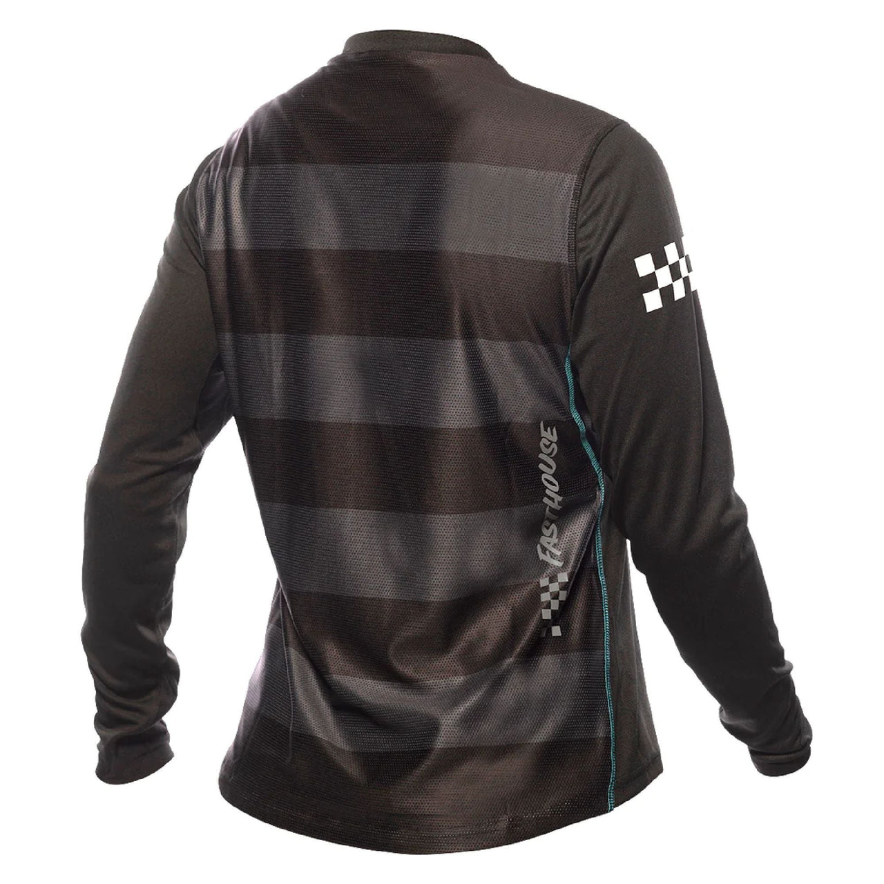 Women’s black long-sleeve riding jersey with gray back graphic and white checkered logo