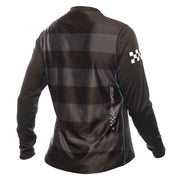 Women’s black long-sleeve riding jersey with gray back graphic and white checkered logo