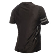 Women's cycling jersey back view, black with gray stripe sleeves and side branding