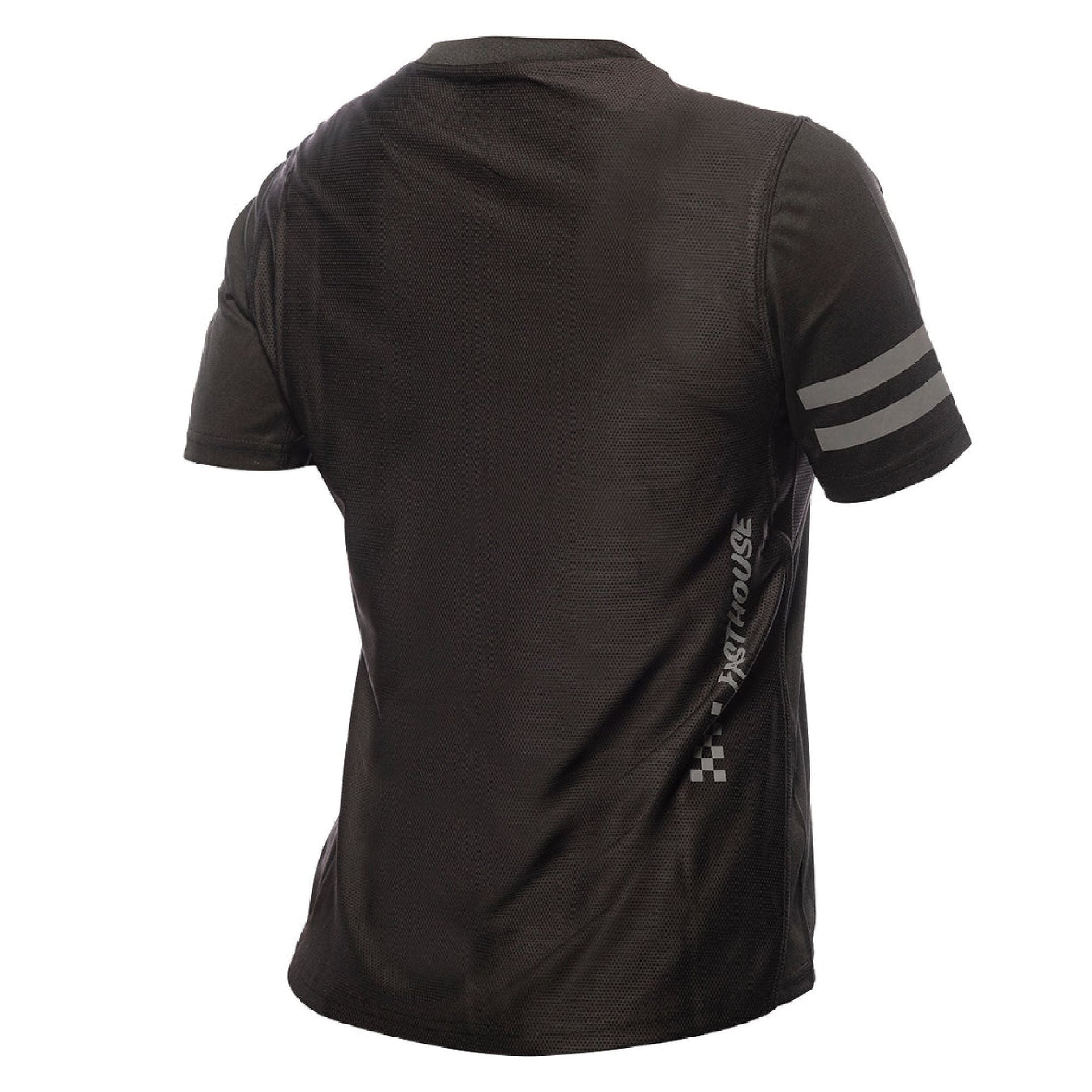 Women's cycling jersey back view, black with gray stripe sleeves and side branding