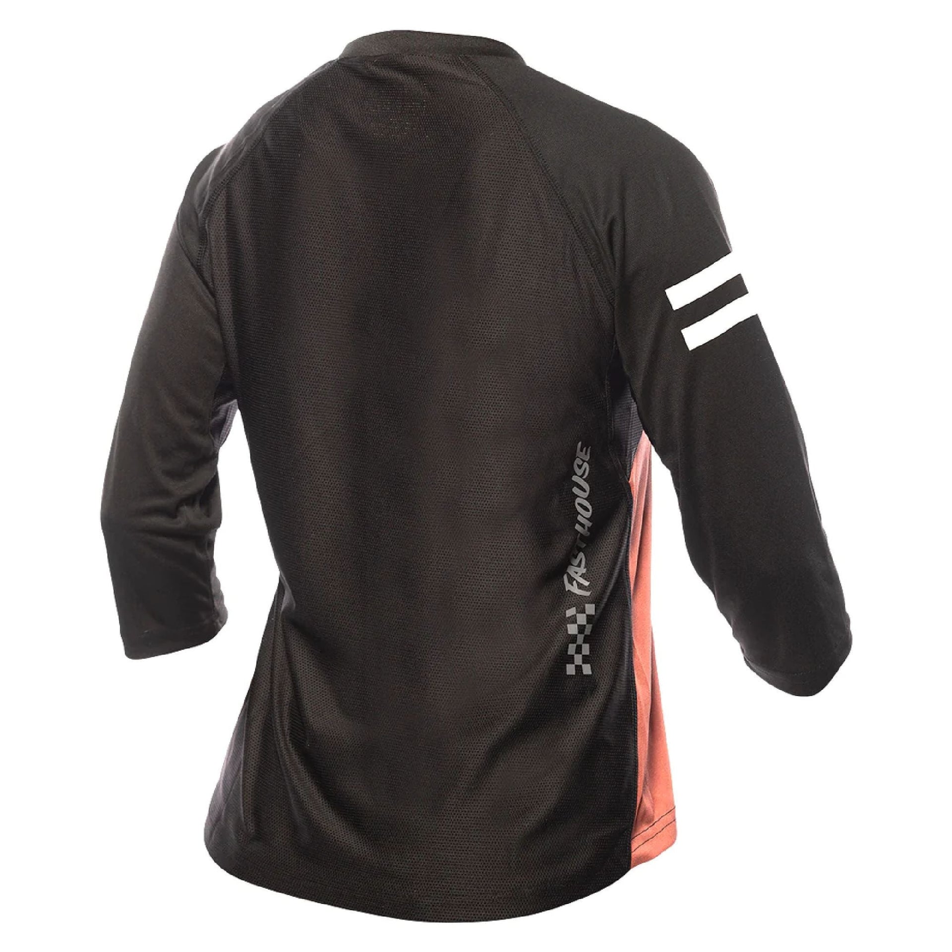 Women’s Fasthouse Sidewinder jersey back view, black raglan with orange piping and side panel.