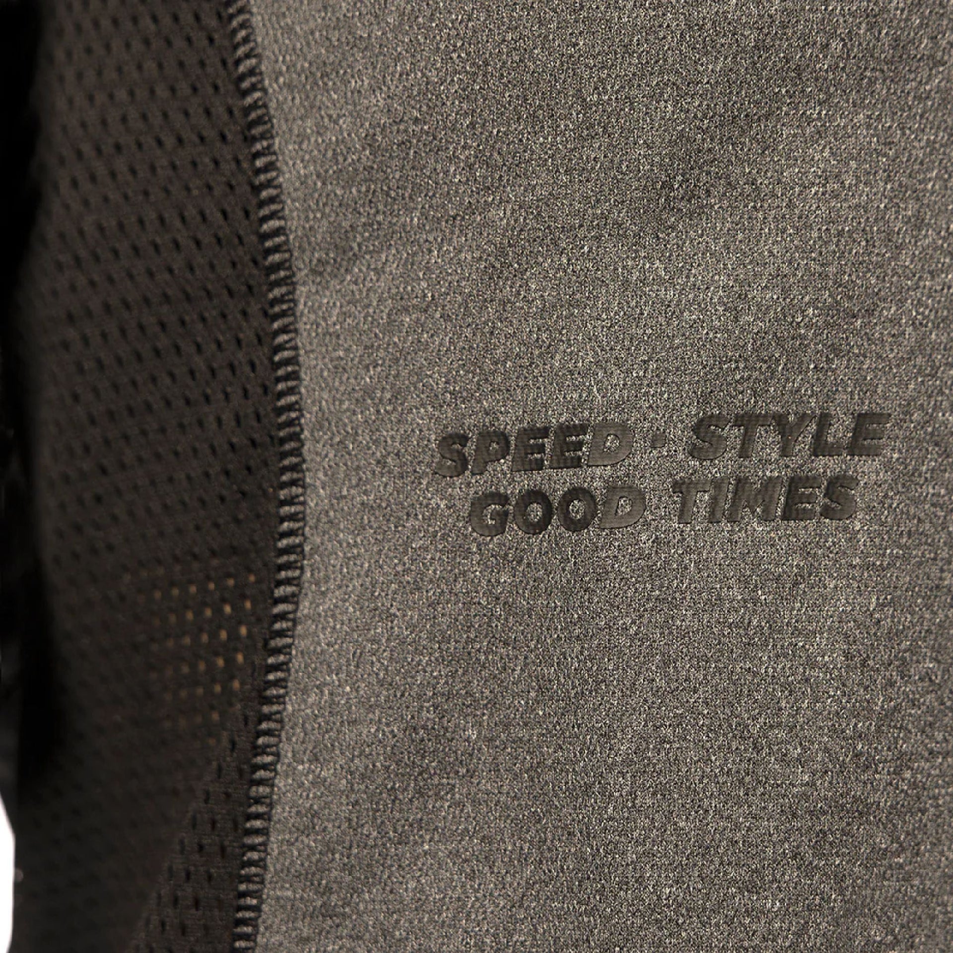 Women’s jersey text “SPEED STYLE GOOD TIMES” on dark heather