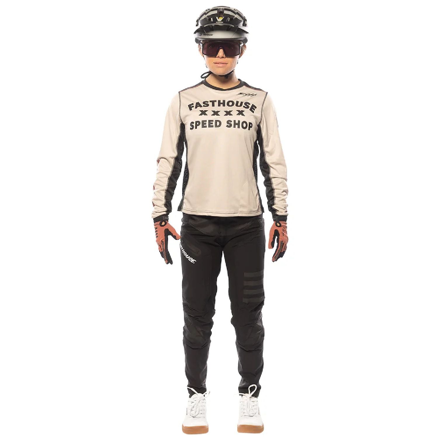 Fasthouse long-sleeve cycling jersey, cream with black side panels and back Speed Shop graphic