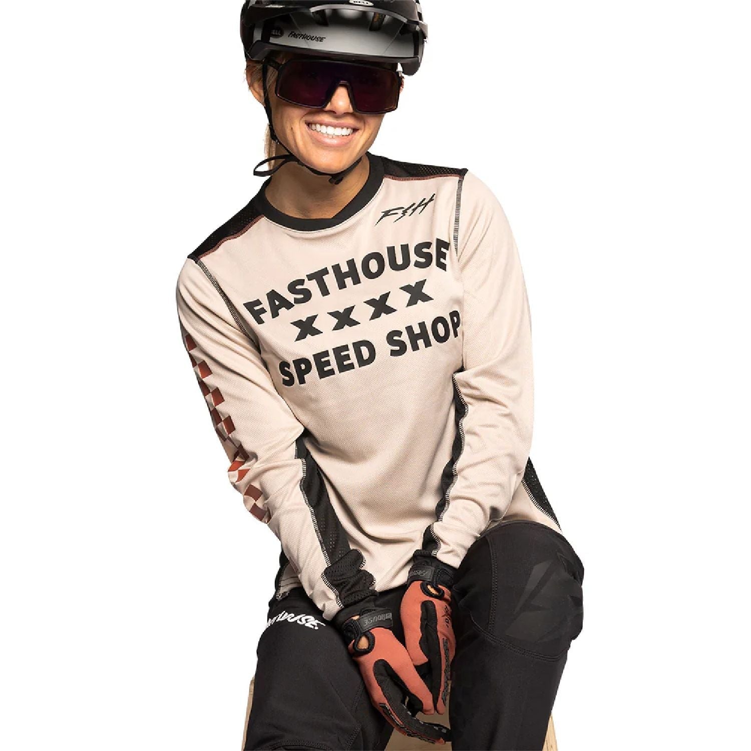Fasthouse long-sleeve cycling jersey, cream with black side panels and Speed Shop front print