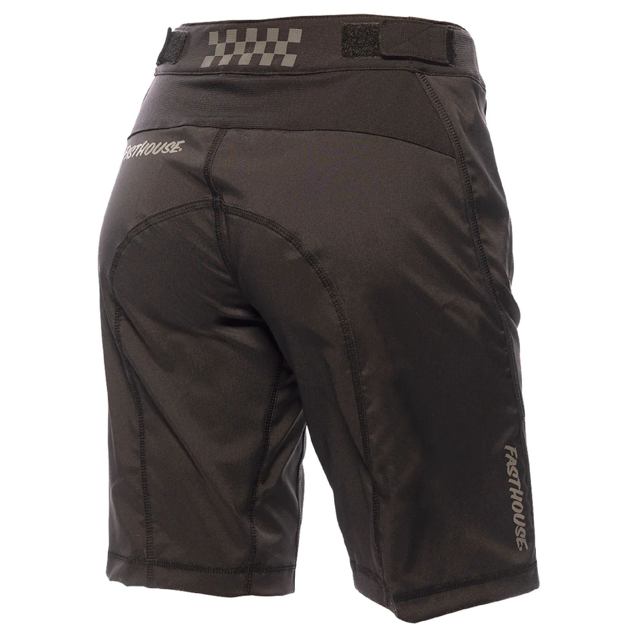 Women's black riding shorts, rear view with Fasthouse logo and check patch