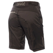 Women's black riding shorts, rear view with Fasthouse logo and check patch